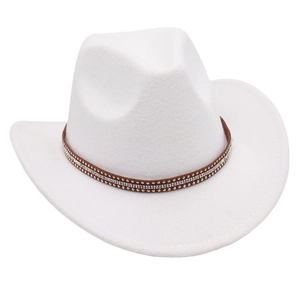 Detail of white felt cowboy hat featuring a brown leather band with sparkling rhinestones