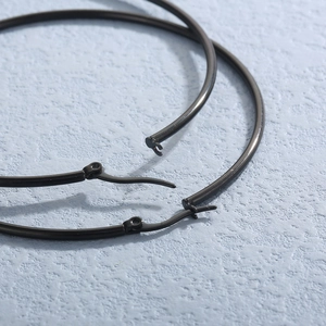 Detailed close-up of dark grey stainless steel hoop earring clasp and metal finish