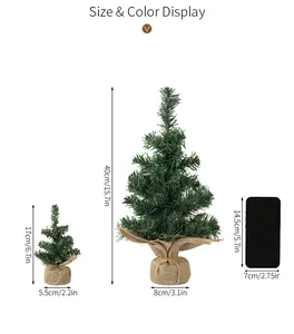 Size guide for mini Christmas trees with burlap base showing 17cm and 40cm dimensions