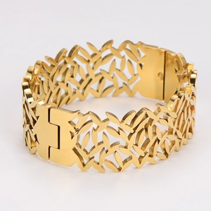 Gold leaf patterned hollow wide bangle bracelet made of polished stainless steel