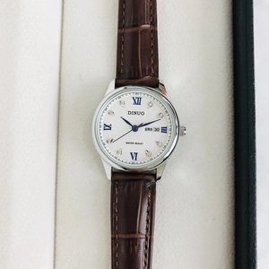 Women's watch with brown leather strap and silver case featuring date day display
