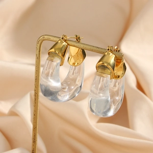 Vintage gold-plated stainless steel hoops with clear acrylic U-shaped drop pendants