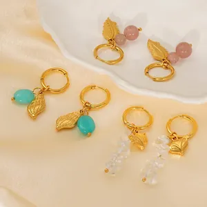 Boucles D'oreilles Pendantes En Pierre Naturelle Acier Inoxydable Plaqué Or Charmes Feuille Renard Coquille Créoles Femme