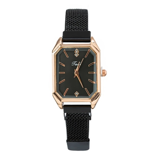 Elegant rose gold rectangular watch with black dial and Milanese mesh strap for women
