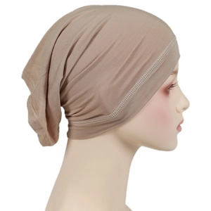 Detail view of khaki modal hijab cap with soft texture and elastic non-slip design