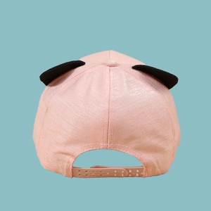 Rear view of pink kids baseball cap featuring cat ears and adjustable snapback closure
