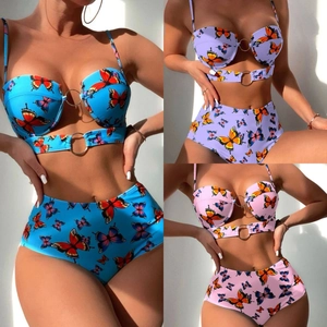 Bikini Femme Imprimé Papillon Avec Armatures Rembourré Haut De Maillot De Bain Et Bas Taille Haute Anneau Métallique Sexy