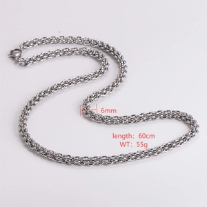 Silver 6mm lantern chain necklace, 60cm length showing woven texture and dimensions