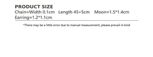 Size specifications for the 18K gold plated moon pendant necklace and earring set