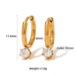 Detailed size specifications for gold zircon earrings with 17.4mm height and 1.8g weight