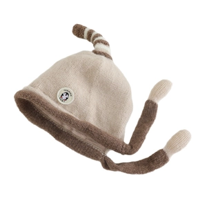 Cozy beige knitted baby earflap hat with cute penguin patch and pompom detail