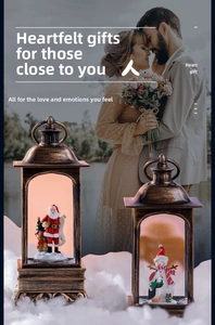 Vintage Christmas lanterns with Santa and snowman figurines in a warm glowing scene