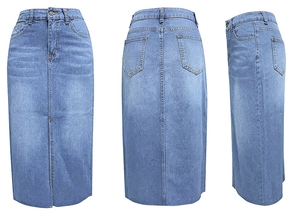 Layout a tre viste della gonna midi in denim blu con dettagli fronte e retro