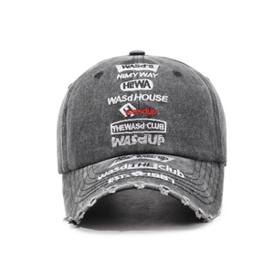 Vintage gray washed baseball cap with letter embroidery and distressed ripped details