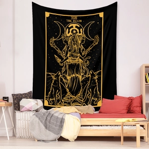 Detail view of The Moon Tarot tapestry with Hecate and celestial mystical patterns