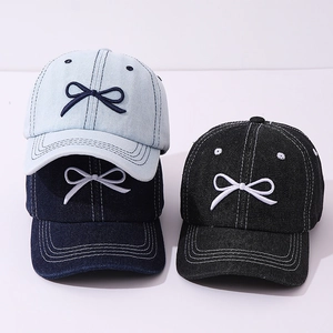 Kids Girls Denim Baseball Cap With Embroidered Bow Adjustable Breathable Cotton Sun Protection Casual Hat