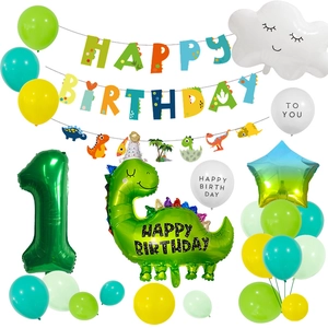 Detail of 32 inch green number 1 dinosaur balloon set with Happy Birthday banner and stars
