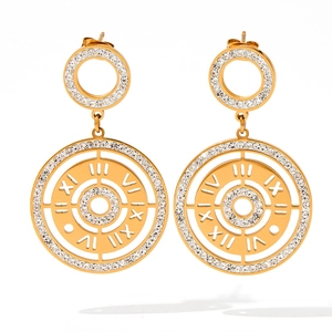 Elegant gold compass earrings with Roman numerals and sparkling cubic zirconia crystals