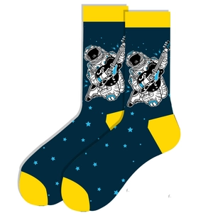 Detail view of navy blue astronaut socks with yellow heels and creative guitar pattern