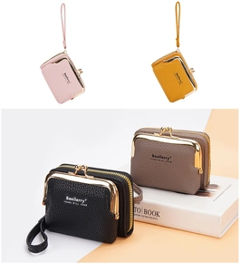 Close-up of litchi texture coin purses with metal buckle and zipper in multiple colors