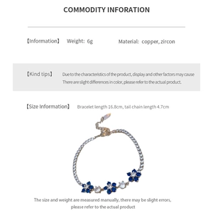 Detailed size parameters of the floral zircon bracelet with length and material info