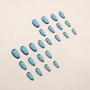 2D cartoon style almond press-on nails in sky blue gradient with comic outlines
