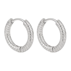 Pair of silver twist hoop earrings in minimalist spiral design made of titanium steel