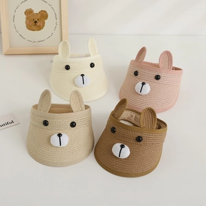 Kids Empty Top Straw Sun Hat Cartoon Bear Ears Summer Breathable Foldable Toddler Outing
