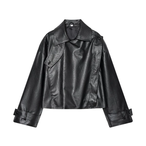 Women's black oversized faux leather biker jacket with wide lapels on white background