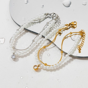 Ensemble de bracelets double couche en perles et zircons dorés et argentés avec gouttes d'eau
