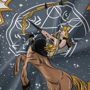 Macro detail of Sagittarius tapestry fabric showing mystical centaur archer design
