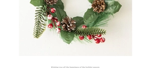 Macro detail of Christmas wreath with realistic red berries, pine cones and green needles