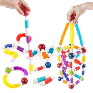 Colorful magnetic stretch pop tubes toys for kids with ball connectors in tower structure