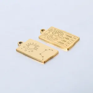 Macro detail of gold Aries zodiac pendant showing engraved ram head and sun map design