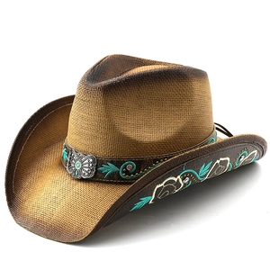 Western straw cowboy hat with embroidered leather band and silver butterfly buckle detail