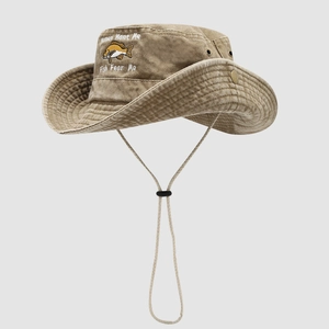 Vintage khaki fishing hat with Women Want Me Fish Fear Me embroidery and wide brim