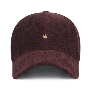 Burgundy herringbone baseball cap with a crown emblem against a clean white background