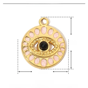 Detailed view of pink enamel evil eye pendant with dimensions 18mm x 15mm and 1.9g weight