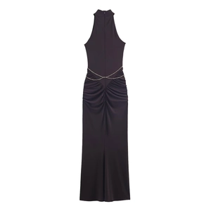 Elegant deep purple halter neck evening maxi dress with chain waist detail and open back