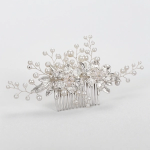 Luxurious silver bridal hair comb with handmade pearls and floral rhinestone design