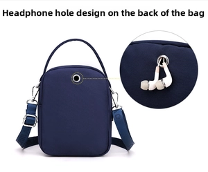 Detail showing the headphone jack design on the back of the dark blue nylon crossbody bag