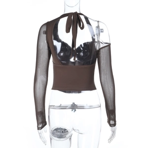 Detail of brown halter top with long mesh sleeves and backless design on a transparent model