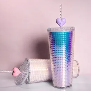 700ml holographic studded tumbler with heart straw topper and aurora gradient effect
