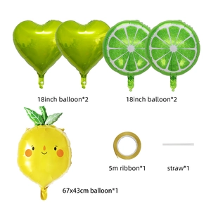 Flat lay of summer lemon foil balloon set including 18-inch heart and lemon shaped designs