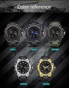 Multi-color selection of SANDA dual-display military watches with various resin strap colors