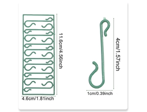 Green plastic S-shaped Christmas hooks with detailed dimensions for tree ornaments
