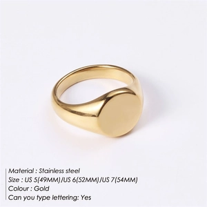Detailed view of polished gold stainless steel signet ring with engraving custom option
