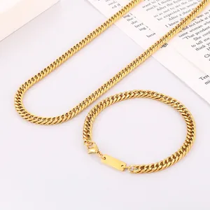 Men Stainless Steel Cuban Link Necklace And Bracelet With ID Tag Square Plate Curb Chain Minimalist Jewelry
