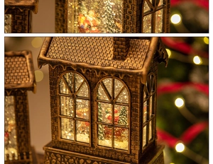 Close-up of vintage bronze Christmas water lantern with Santa and reindeer scene inside