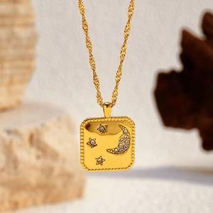 18K gold plated stainless steel star and moon pendant necklace with cubic zirconia